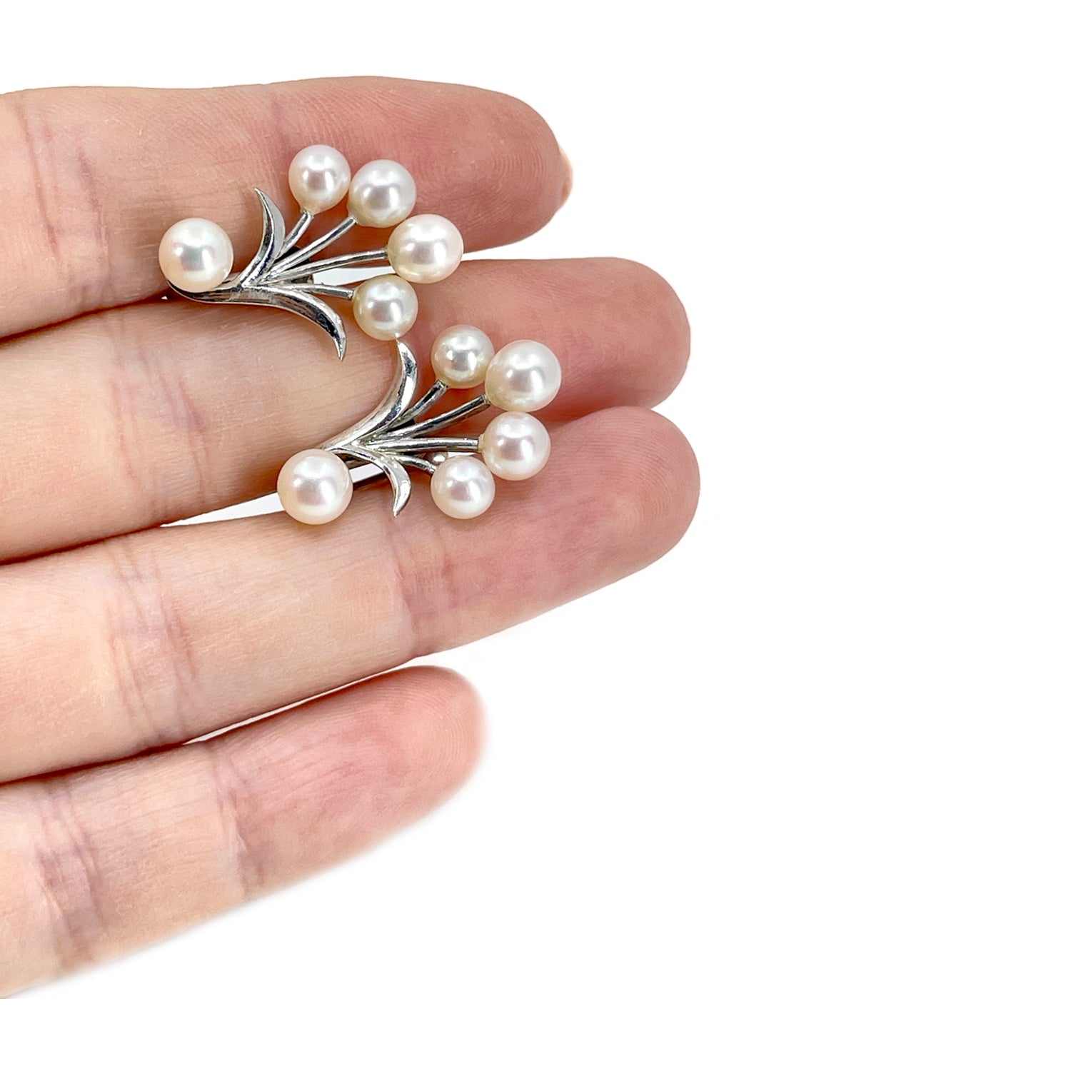 Modernist Spray Akoya Japanese Saltwater Cultured Pearl Vintage Screwback Earrings- Sterling Silver
