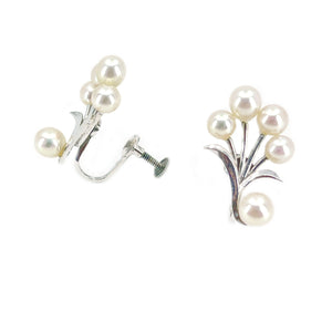 Modernist Spray Akoya Japanese Saltwater Cultured Pearl Vintage Screwback Earrings- Sterling Silver