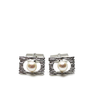 Wood Textured Modernist Japanese Cultured Akoya Pearl Round Cufflinks- Sterling Silver