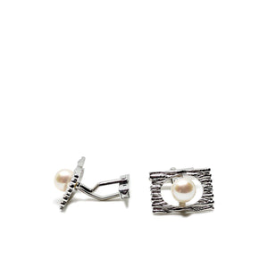 Wood Textured Modernist Japanese Cultured Akoya Pearl Round Cufflinks- Sterling Silver
