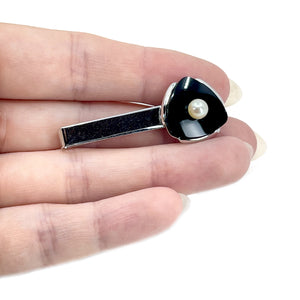Modernist Black Onyx Mid Century Men's Japanese Saltwater Akoya Cultured Pearl Tie Bar- Sterling Silver
