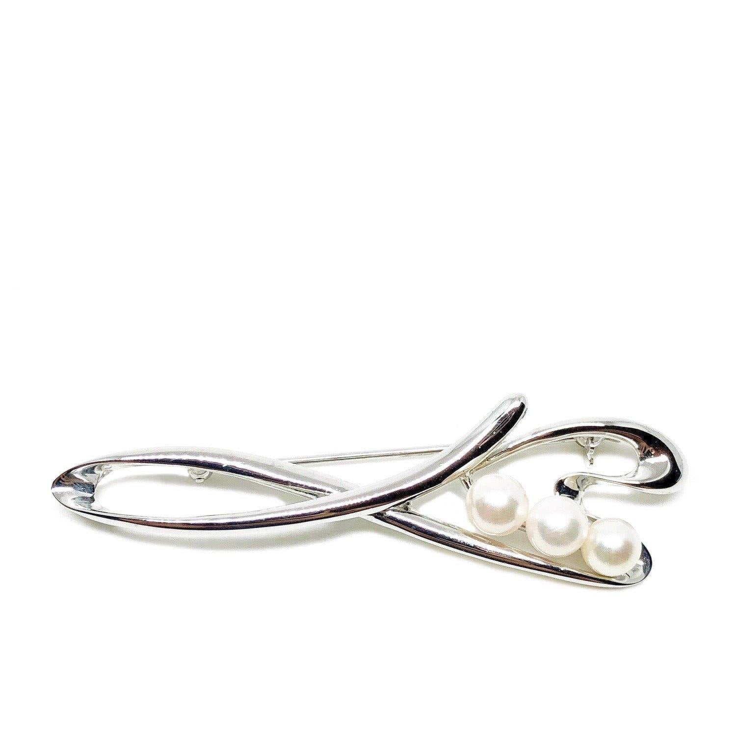 Modernist Ribbon Japanese Saltwater Cultured Akoya Pearl Brooch- Sterling Silver
