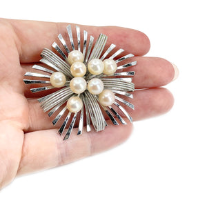 Mid-Century Modern Japanese Saltwater Akoya Cultured Pearl Brooch- Sterling Silver