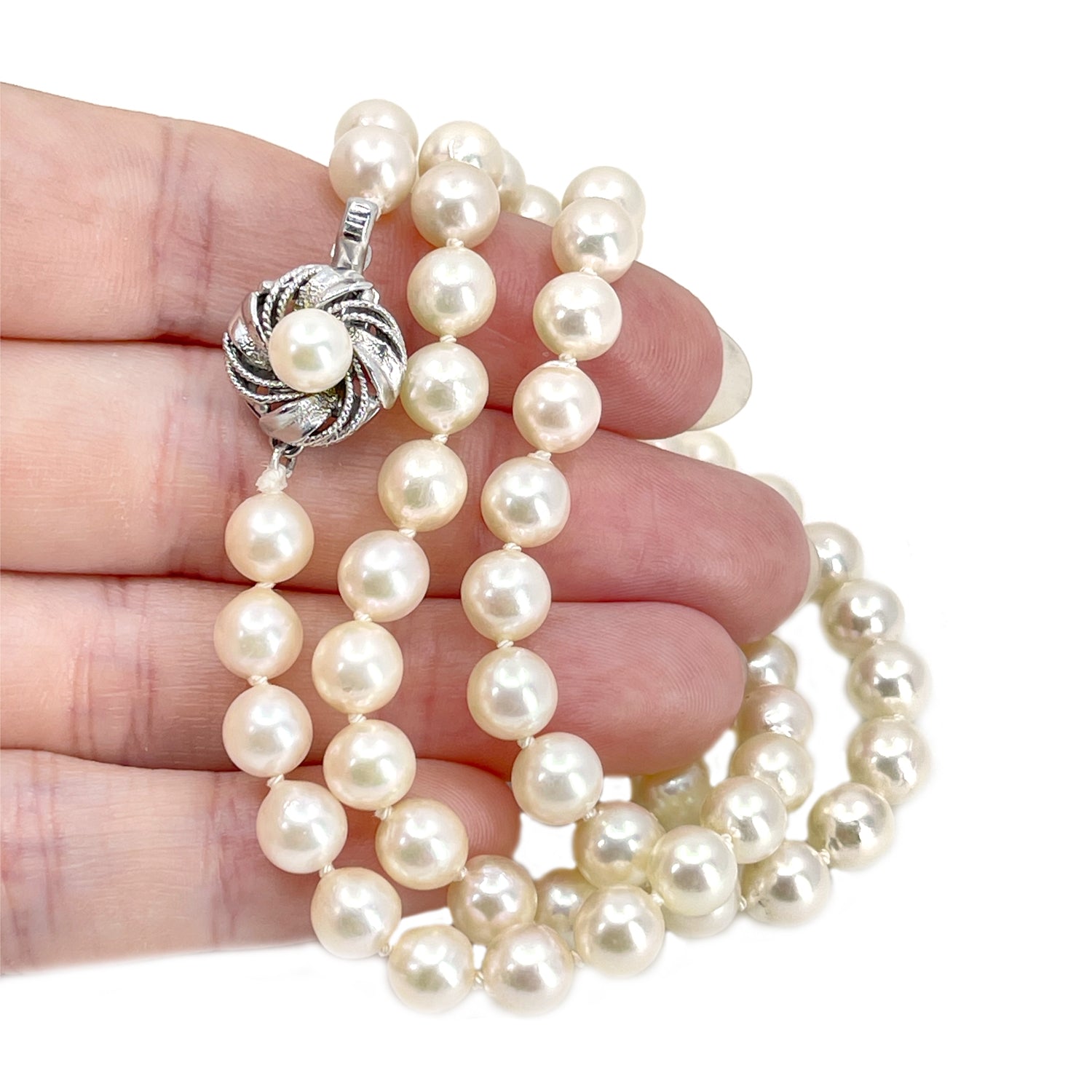 Modernist Japanese Cultured Akoya Vintage Pearl Strand Necklace- Sterling Silver 20 Inch