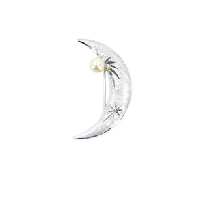 Stars & Moon Modernist Akoya Saltwater Cultured Pearl Half Moon Brooch- Sterling Silver