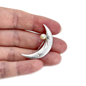 Stars & Moon Modernist Akoya Saltwater Cultured Pearl Half Moon Brooch- Sterling Silver