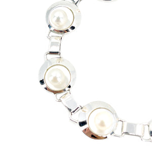 Modernist Disk Vintage Japanese Saltwater Akoya Cultured Pearl Mother of Pearl Bracelet- Sterling Silver