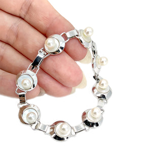 Modernist Disk Vintage Japanese Saltwater Akoya Cultured Pearl Mother of Pearl Bracelet- Sterling Silver