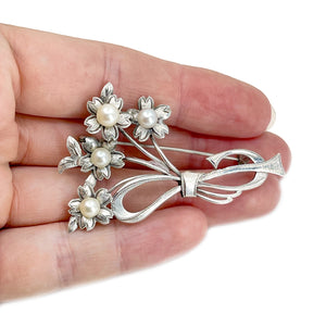 Sakura Cherry Blossom Antique Japanese Akoya Cultured Saltwater Pearl Brooch- Sterling Silver