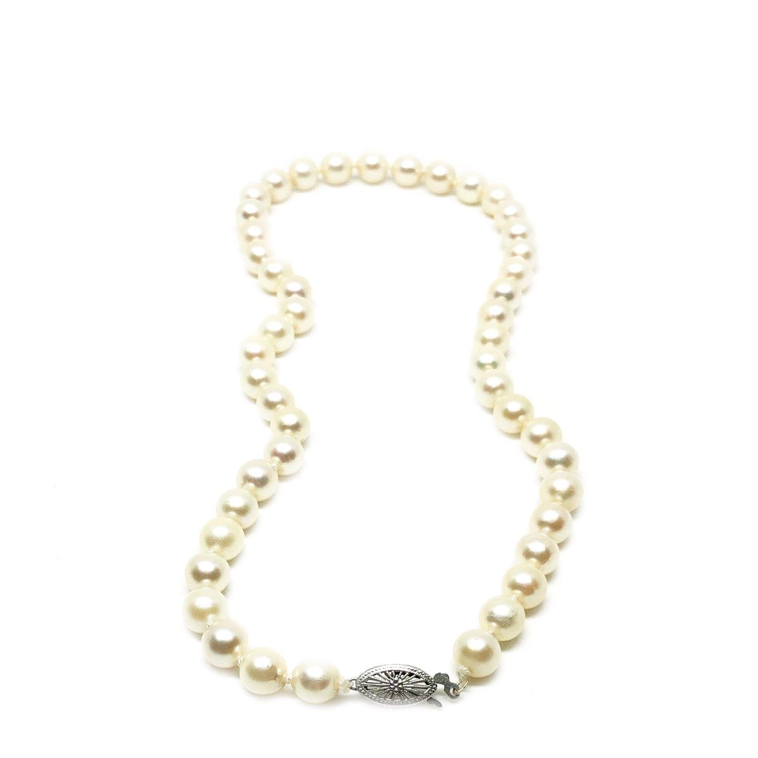 Filigree White Japanese Saltwater Cultured Akoya Pearl Necklace - 14K White Gold 16 Inch