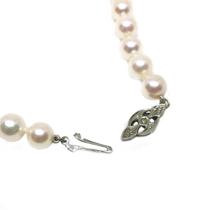 Art Nouveau Japanese Saltwater Cultured Akoya Pearl Necklace - 14K White Gold Diamond 29 Inch - Vintage Valuable Pearls