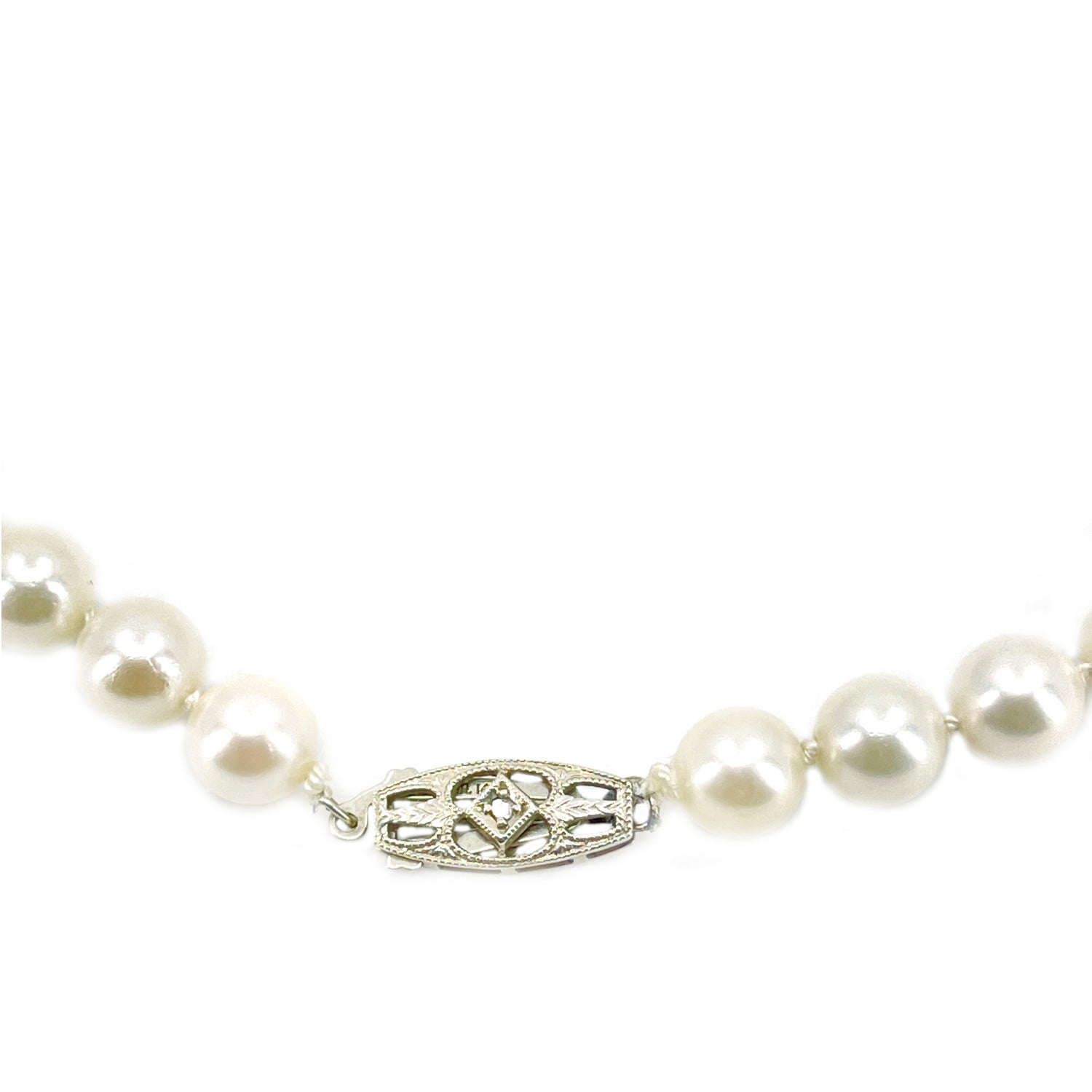 Art Nouveau Japanese Saltwater Cultured Akoya Pearl Necklace - 14K White Gold Diamond 18.25 Inch