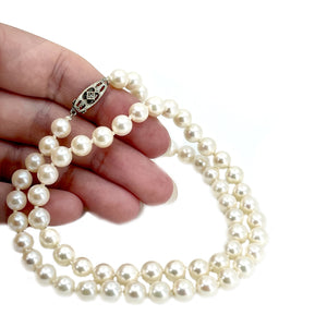 Art Nouveau Japanese Saltwater Cultured Akoya Pearl Necklace - 14K White Gold Diamond 18.25 Inch