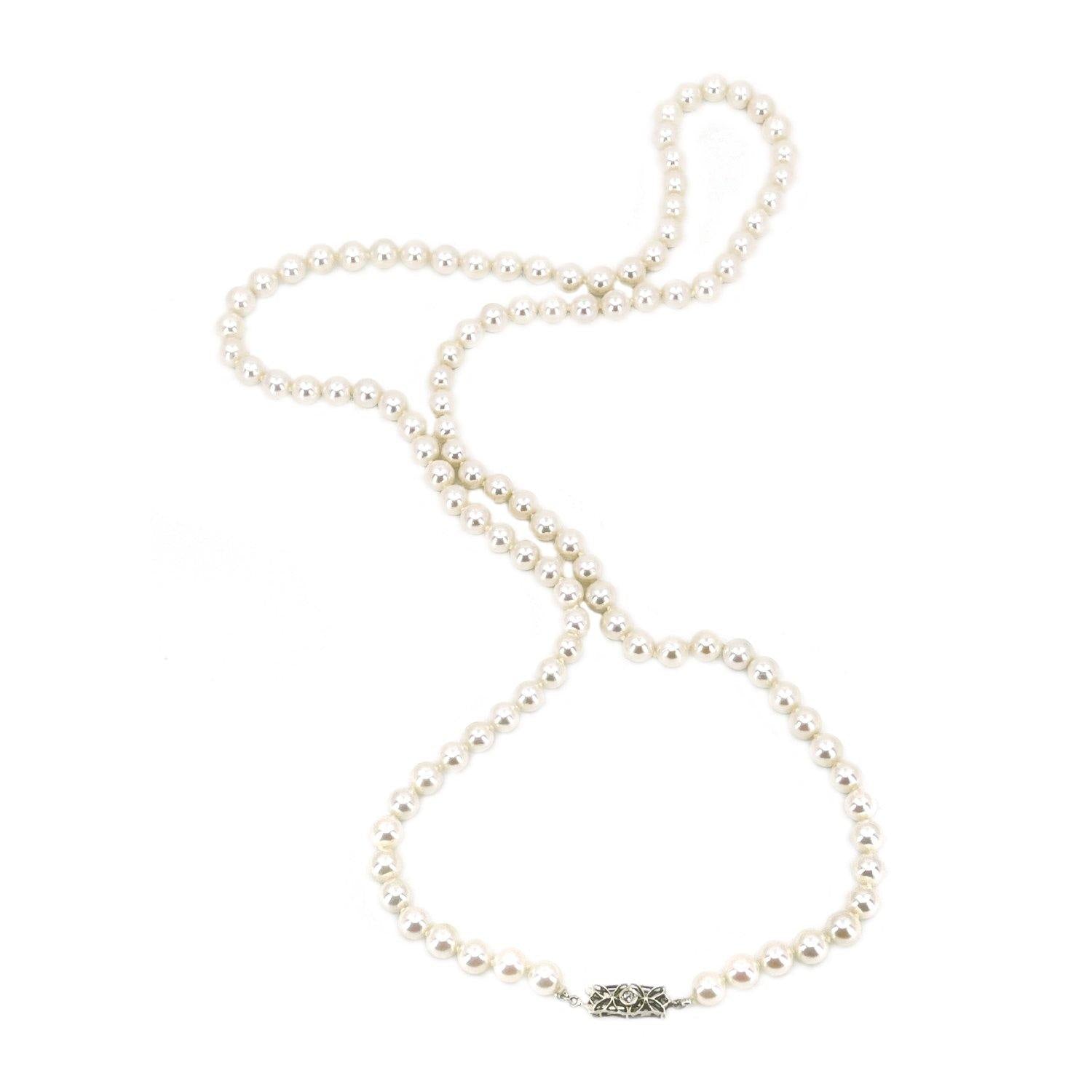 Art Nouveau Japanese Saltwater Cultured Akoya Pearl Necklace - 14K White Gold Diamond 27 Inch