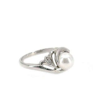Art Nouveau Japanese Saltwater Akoya Cultured Pearl Diamond Ring- 14K White Gold Size 7 1/2