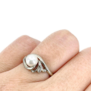 Art Nouveau Japanese Saltwater Akoya Cultured Pearl Diamond Ring- 14K White Gold Size 7 1/2