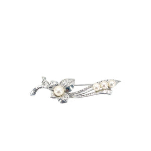 Nouveau Engraved Japanese Saltwater Akoya Vintage Cultured Pearl Brooch- Sterling Silver