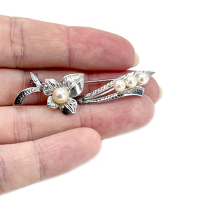 Nouveau Engraved Japanese Saltwater Akoya Vintage Cultured Pearl Brooch- Sterling Silver
