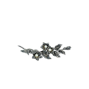 Art Nouveau Marcasite Flower Japanese Akoya Cultured Saltwater Pearl Vintage Brooch- Sterling Silver