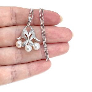 Nouveau Brushed Japanese Saltwater Cultured Akoya Pearl Pendant- Sterling Silver 15.00 Inch