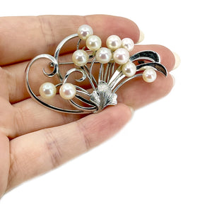 Nouveau Engraved Leaf Japanese Saltwater Akoya Cultured Vintage Cluster Pearl Brooch- Sterling Silver