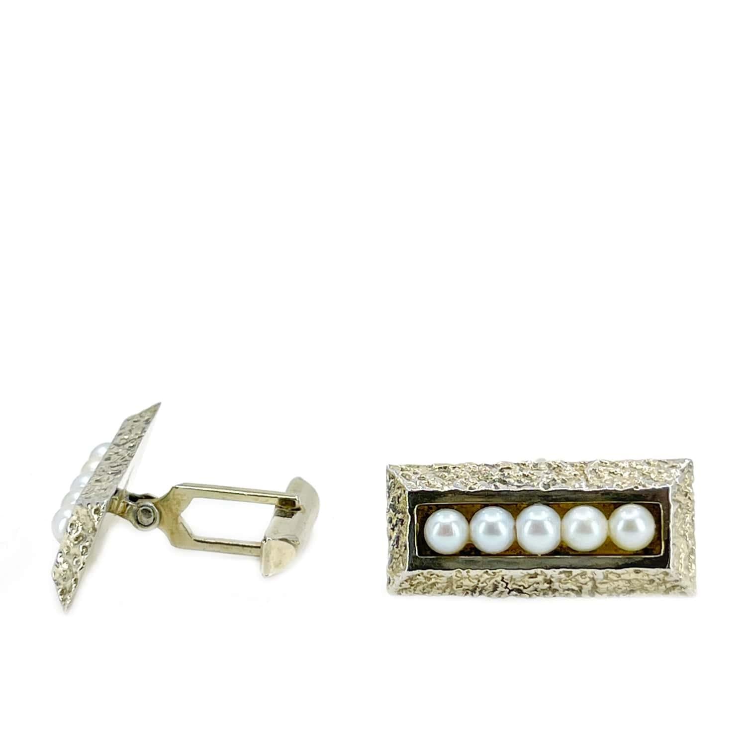 Gold Nugget Mid Century Modern Japanese Akoya Pearl Cufflinks- Sterling Silver
