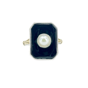 Ostby Barton Art Deco Japanese Saltwater Akoya Cultured Pearl Black Onyx Ring- Sterling Silver Sz 5.75