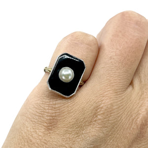 Ostby Barton Art Deco Japanese Saltwater Akoya Cultured Pearl Black Onyx Ring- Sterling Silver Sz 5.75