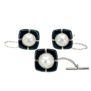 Inlaid Mid Century Modern Mabe Blister Pearl Onyx Cufflinks & Tie Tac Set- Sterling Silver