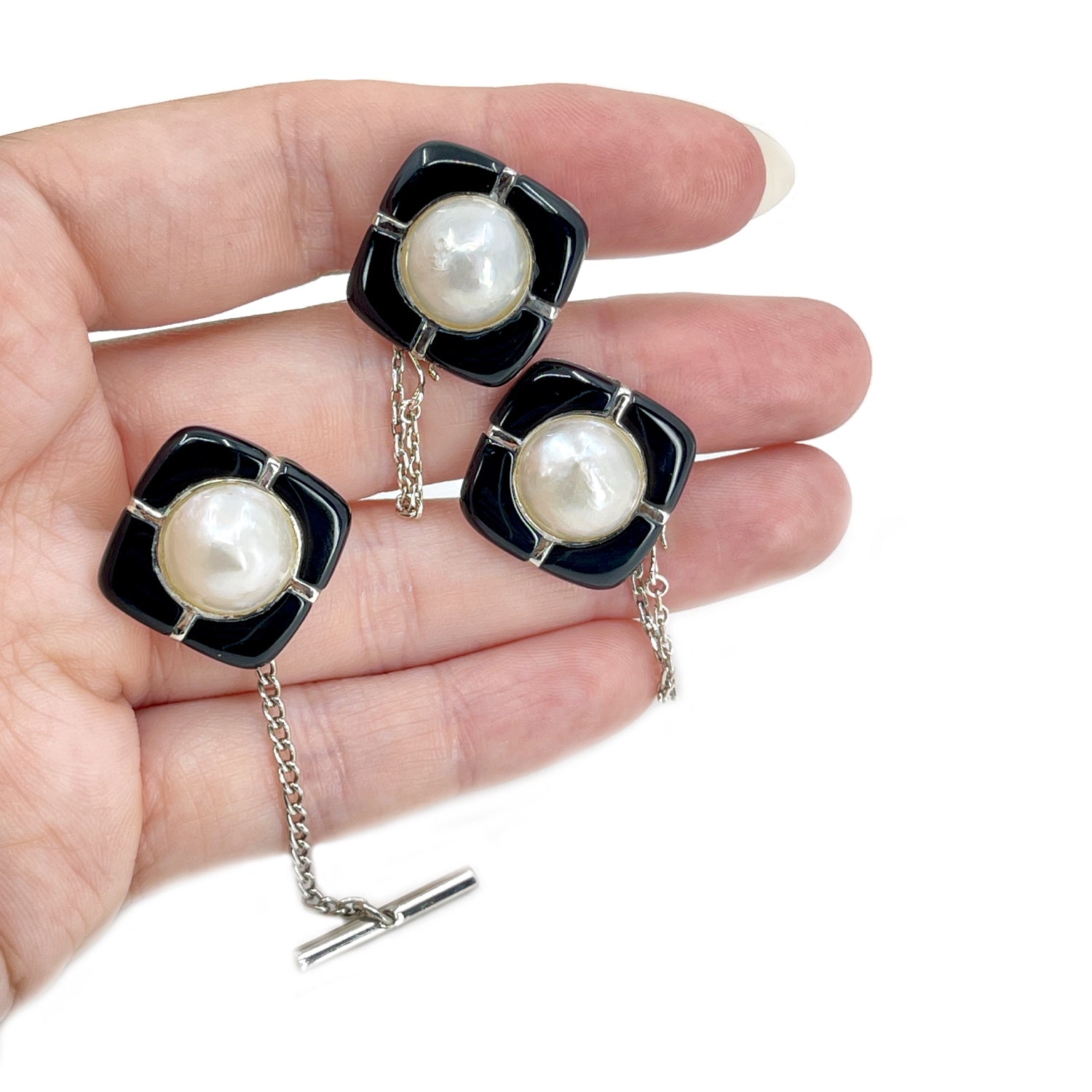Inlaid Mid Century Modern Mabe Blister Pearl Onyx Cufflinks & Tie Tac Set- Sterling Silver