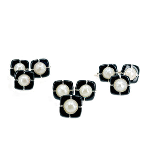 Inlaid Mid Century Modern Mabe Blister Pearl Onyx Cufflinks & Tie Tac Set- Sterling Silver