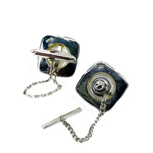 Inlaid Mid Century Modern Mabe Blister Pearl Onyx Cufflinks & Tie Tac Set- Sterling Silver