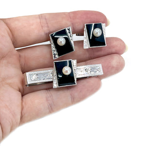 Engraved Mid Century Modern Japanese Akoya Saltwater Cultured Pearl Black Onyx Cufflinks & Tie Bar Set- Sterling Silver