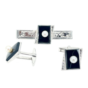 Engraved Mid Century Modern Japanese Akoya Saltwater Cultured Pearl Black Onyx Cufflinks & Tie Bar Set- Sterling Silver