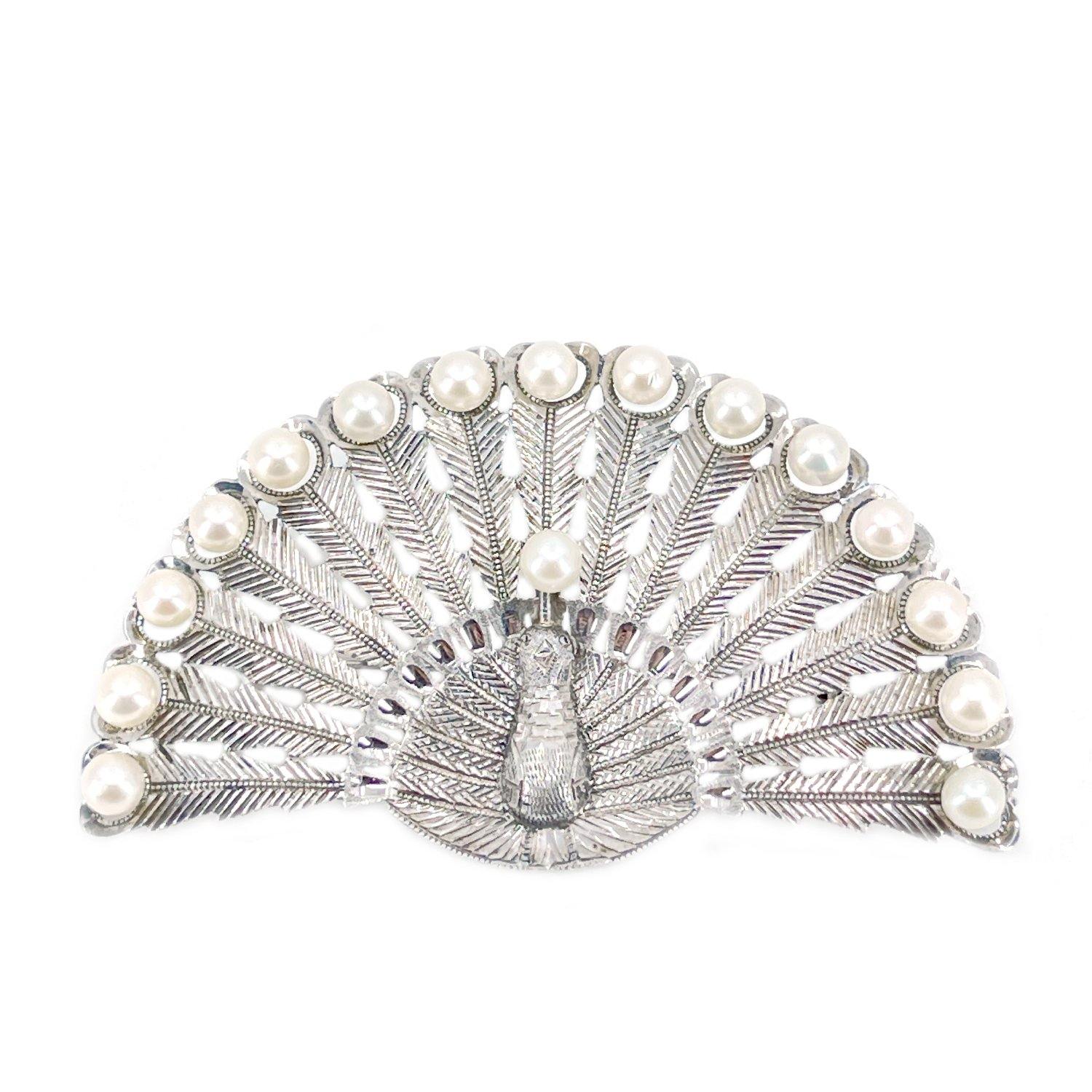 Peacock Engraved Japanese Akoya Cultured Saltwater Pearl Brooch- Sterling Silver
