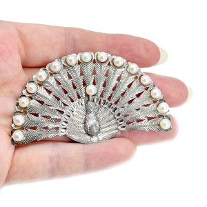 Peacock Engraved Japanese Akoya Cultured Saltwater Pearl Brooch- Sterling Silver