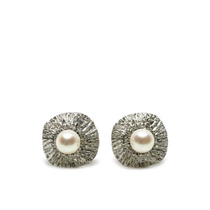 Hand Cast Modernist Japanese Cultured Akoya Pearl Round Cufflinks- Sterling Silver