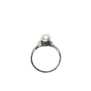 Retro Mid Century Japanese Saltwater Akoya Cultured Pearl Diamond Ring- 10K White Gold Size 4.50