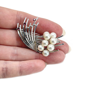 Mid-Century Vintage Ruby Japanese Akoya Cultured Saltwater Pearl Brooch- Sterling Silver