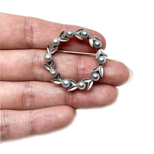 Wreath Circle Japanese Blue Akoya Pearl Brooch- Sterling Silver