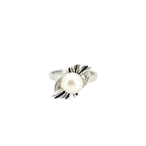 Petite Deco Japanese Saltwater Akoya Cultured Vintage Pearl Ring- Sterling Silver Sz 3 3/4