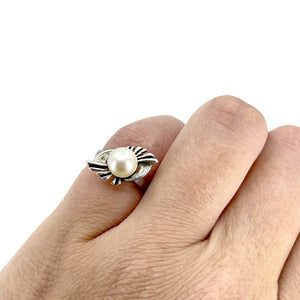 Petite Deco Japanese Saltwater Akoya Cultured Vintage Pearl Ring- Sterling Silver Sz 3 3/4