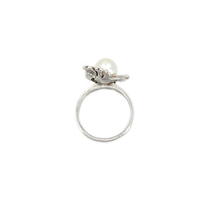 Petite Deco Japanese Saltwater Akoya Cultured Vintage Pearl Ring- Sterling Silver Sz 3 3/4