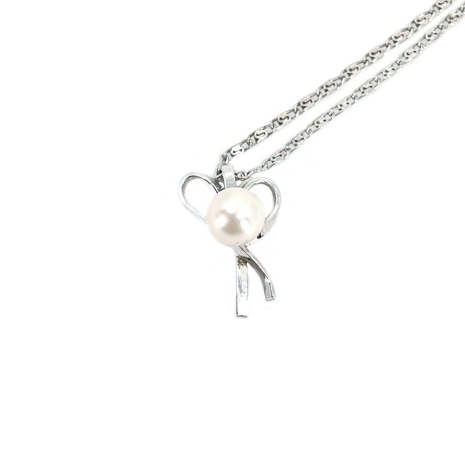 Petite Ribbon Modernist Japanese Saltwater Akoya Pearl Necklace- Sterling Silver 24.50 Inch