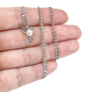 Petite Ribbon Modernist Japanese Saltwater Akoya Pearl Necklace- Sterling Silver 24.50 Inch