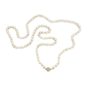 Vintage Baroque Filigree Japanese Cultured Akoya Pearl Strand - 14K Yellow Gold 33.25 Inch
