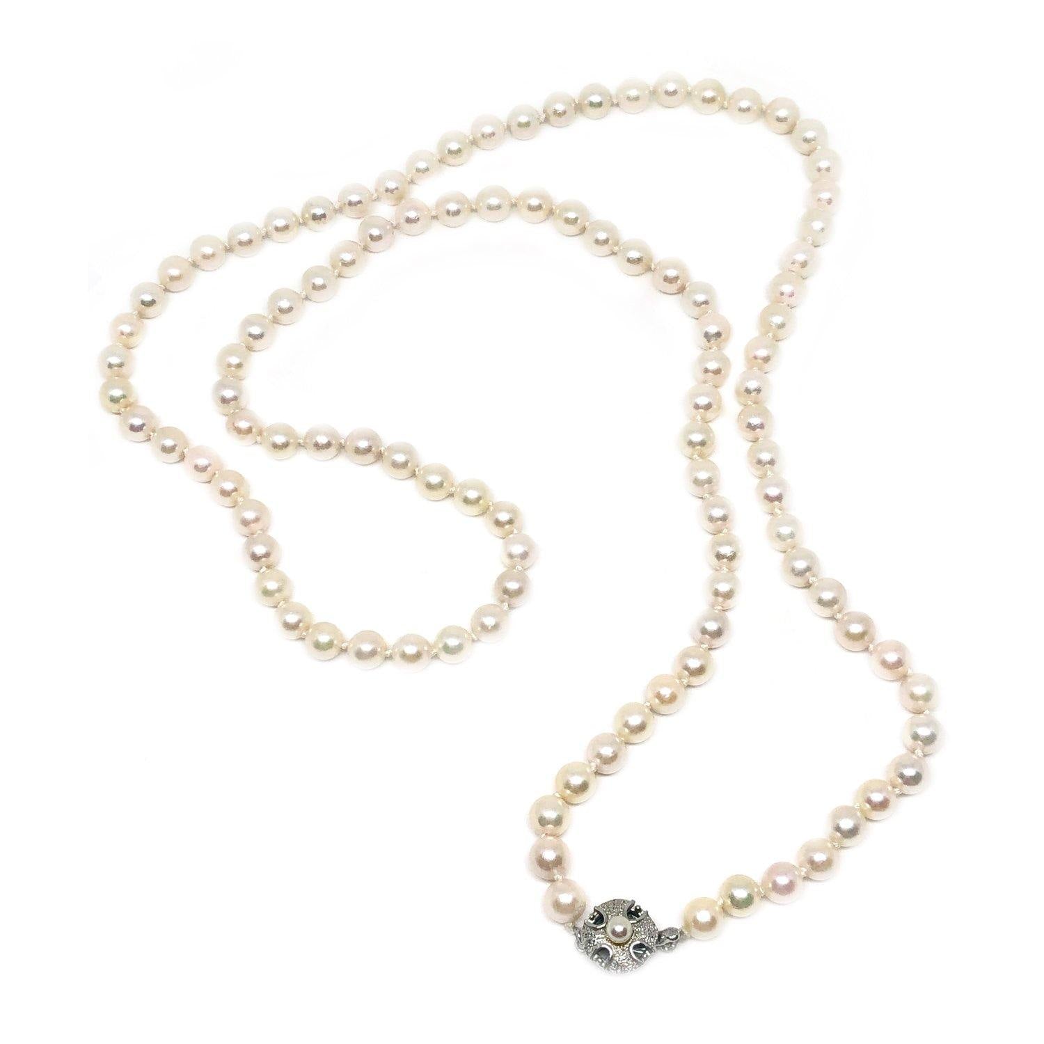 Mid-Century Japanese Saltwater Cultured Akoya Pearl Necklace - Sterling Silver 34.50 Inch