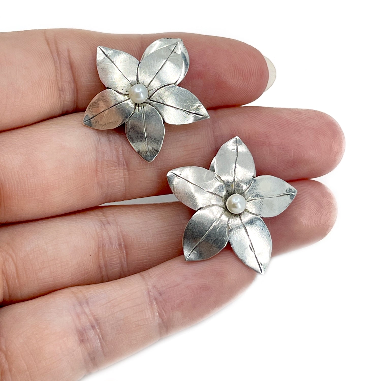 Handmade Price Floral Akoya Saltwater Cultured Pearl Cluster Clip Earrings- Sterling Silver