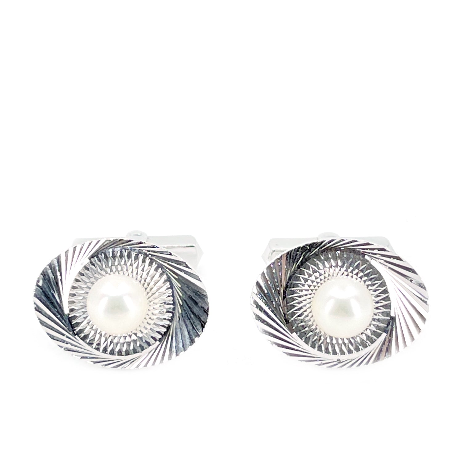 Mid-Century Modern Japanese Cultured Akoya Pearl Round Radial Cufflinks- Sterling Silver