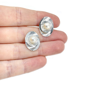 Mid-Century Modern Japanese Cultured Akoya Pearl Round Radial Cufflinks- Sterling Silver